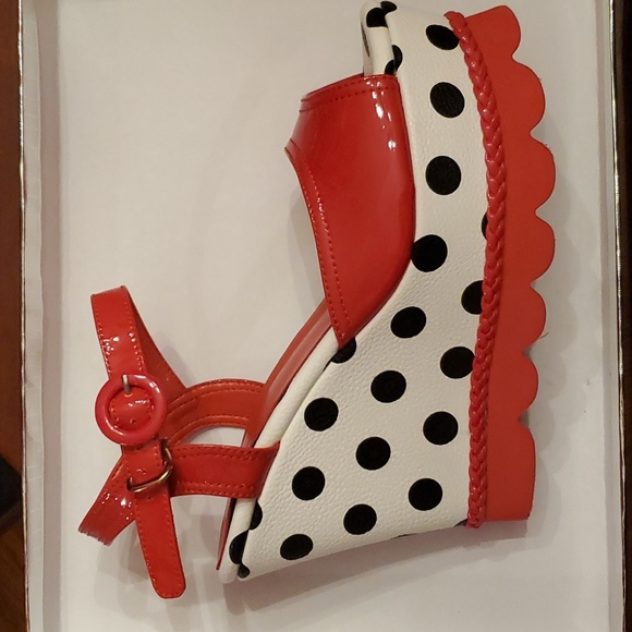 Peep Toe Wedge Heels Red with Polka Dot - Picture 1 of 8